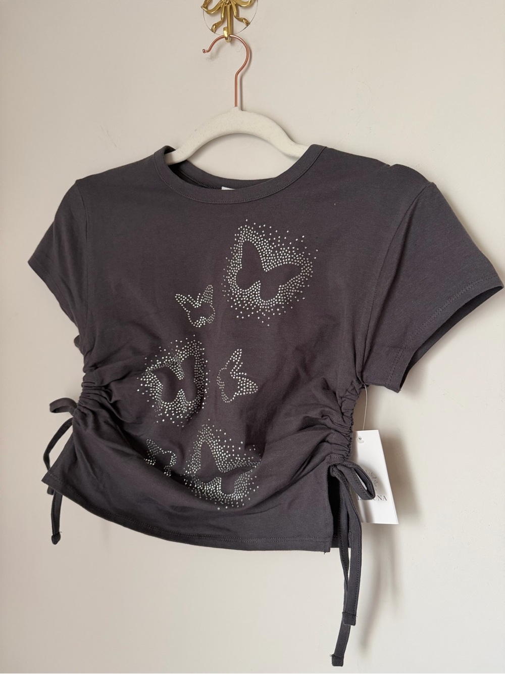 Dark grey Butterfly rhinestone ruched Crop short sleeve shirt